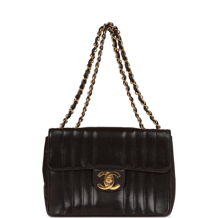 Vintage Top Quality Chanel Mademoiselle Jumbo Single Flap Black Lambskin Gold Hardware