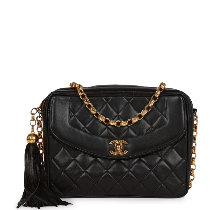 Vintage Top Quality Chanel Small Diana Fringe Camera Bag Black Lambskin Gold Hardware