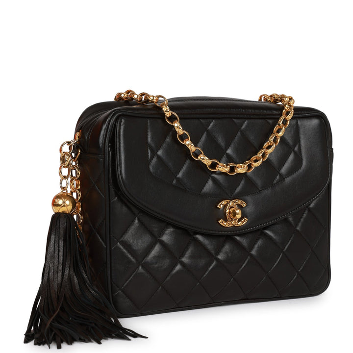 Vintage Top Quality Chanel Small Diana Fringe Camera Bag Black Lambskin Gold Hardware