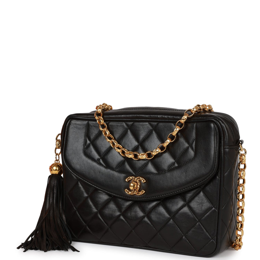 Vintage Top Quality Chanel Small Diana Fringe Camera Bag Black Lambskin Gold Hardware