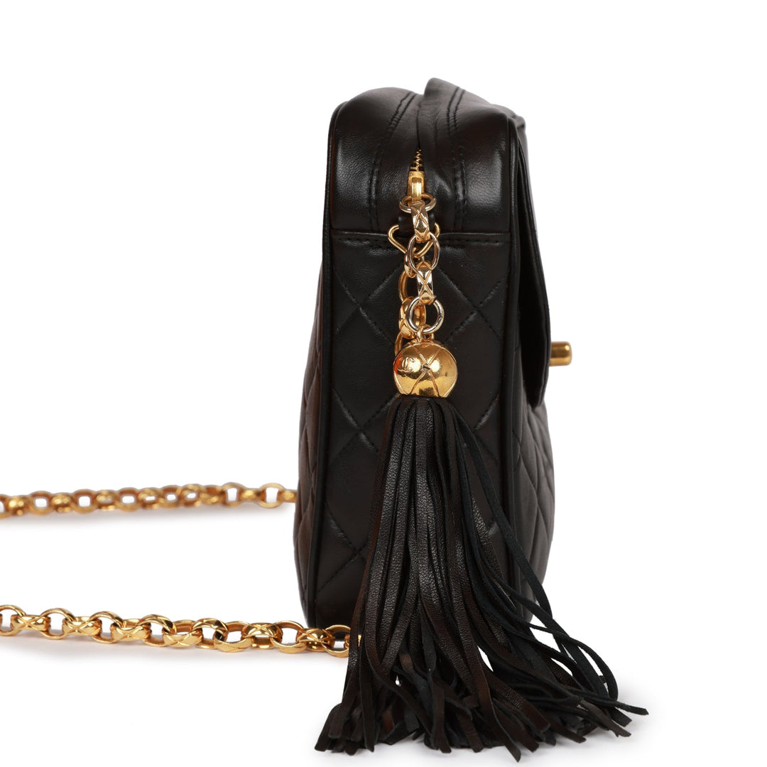 Vintage Top Quality Chanel Small Diana Fringe Camera Bag Black Lambskin Gold Hardware