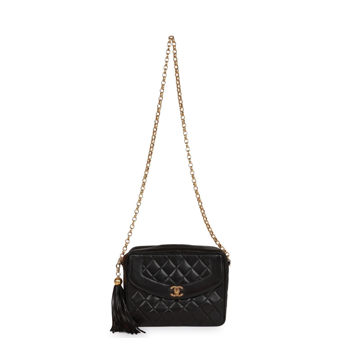 Vintage Top Quality Chanel Small Diana Fringe Camera Bag Black Lambskin Gold Hardware