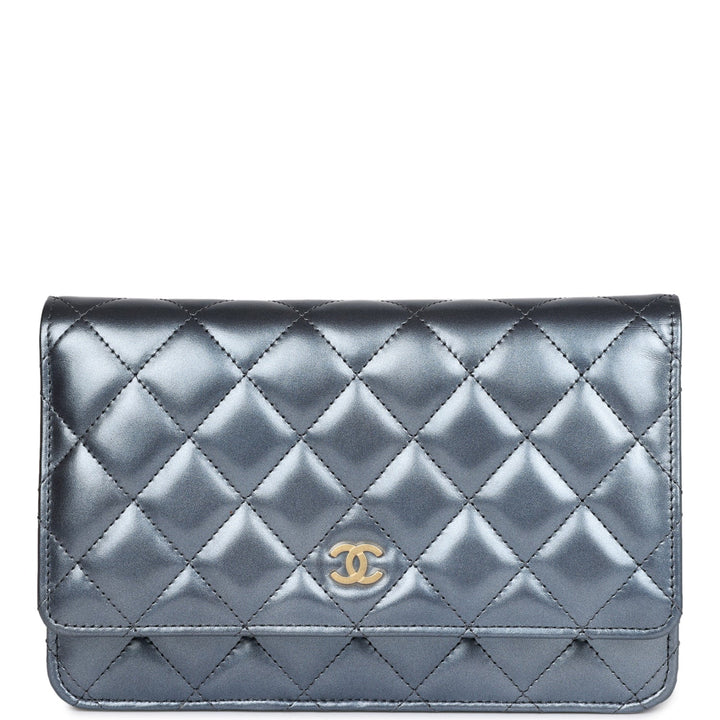 Top Quality Chanel Wallet on Chain WOC Dark Blue Iridescent Calfskin Antique Gold Hardware