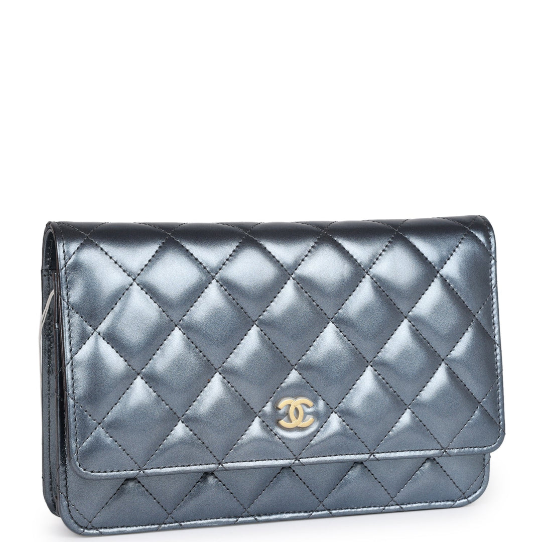Top Quality Chanel Wallet on Chain WOC Dark Blue Iridescent Calfskin Antique Gold Hardware