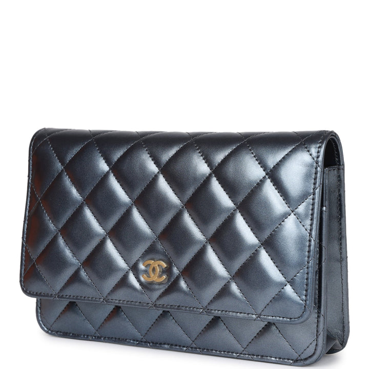 Top Quality Chanel Wallet on Chain WOC Dark Blue Iridescent Calfskin Antique Gold Hardware