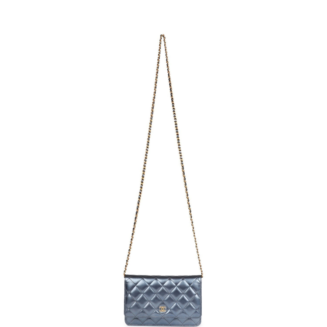 Top Quality Chanel Wallet on Chain WOC Dark Blue Iridescent Calfskin Antique Gold Hardware