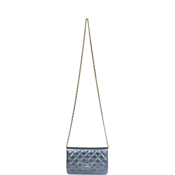 Top Quality Chanel Wallet on Chain WOC Dark Blue Iridescent Calfskin Antique Gold Hardware