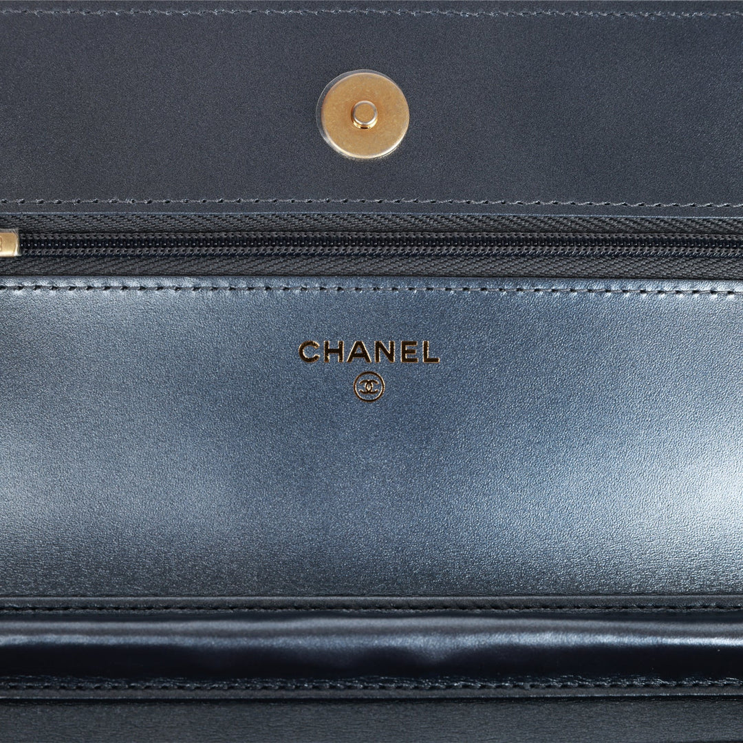Top Quality Chanel Wallet on Chain WOC Dark Blue Iridescent Calfskin Antique Gold Hardware