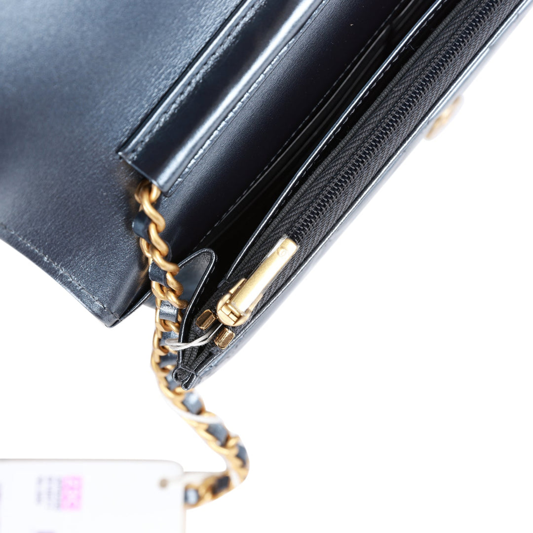 Top Quality Chanel Wallet on Chain WOC Dark Blue Iridescent Calfskin Antique Gold Hardware