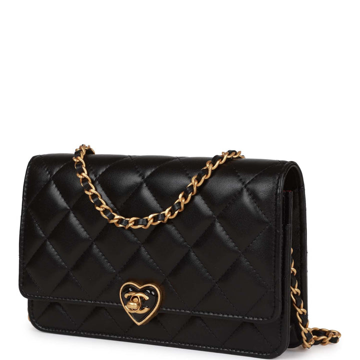 Top Quality Chanel Heart Wallet on Chain WOC Black Lambskin Antique Gold Hardware