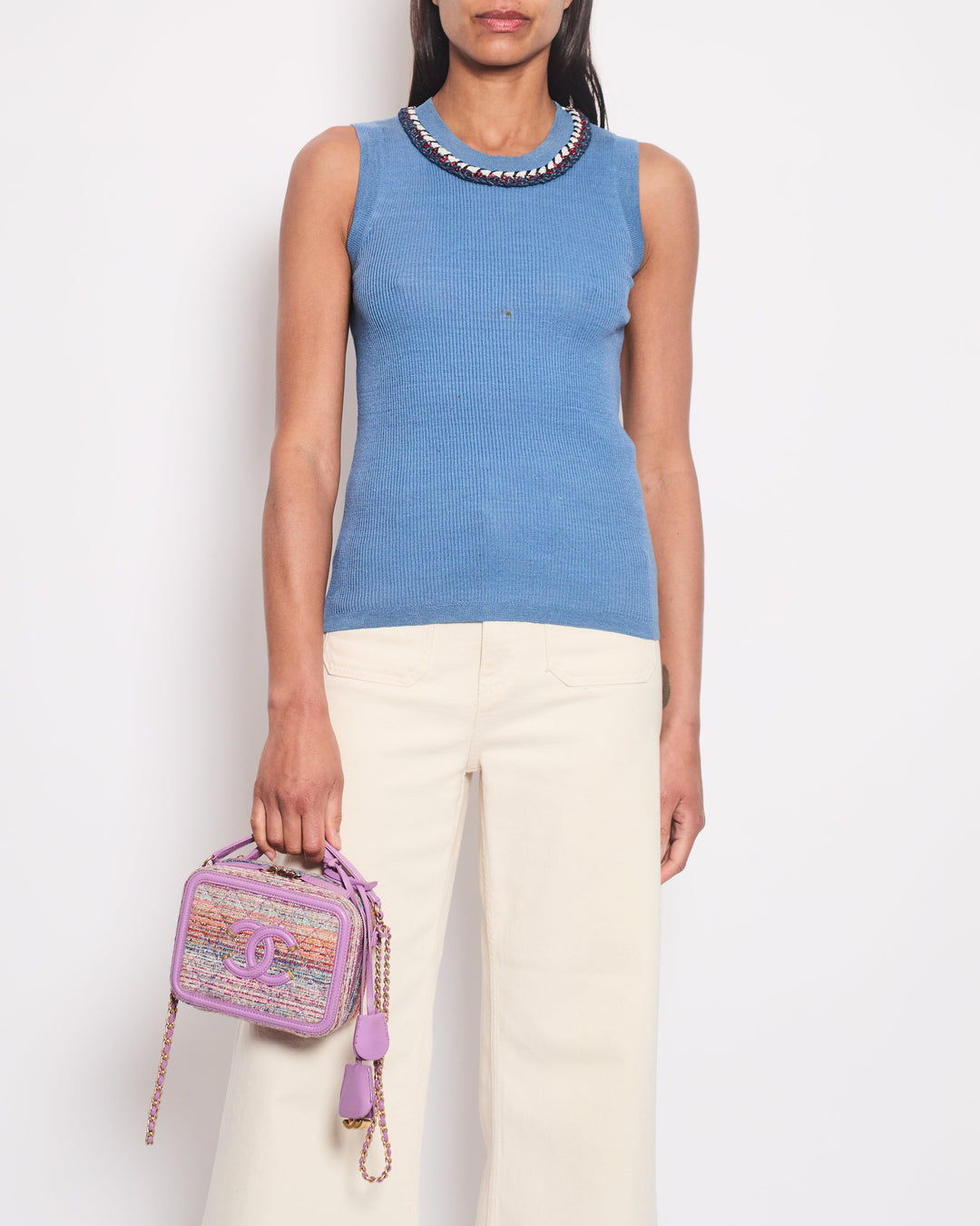 Top Quality Chanel Blue Ribbed Knit Sleeveless Top With Red, White & Blue Tweed Embroidered Trim and CC Button Detail FR 36 (UK 8)