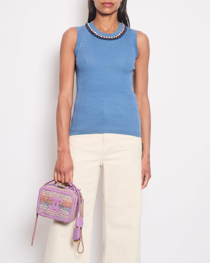 Top Quality Chanel Blue Ribbed Knit Sleeveless Top With Red, White & Blue Tweed Embroidered Trim and CC Button Detail FR 36 (UK 8)