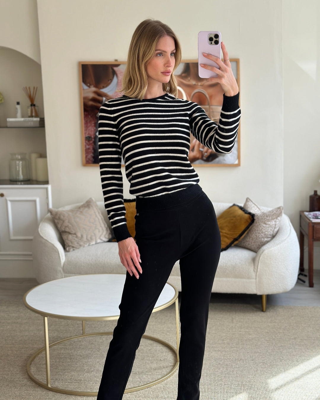 Top Quality Chanel Black and White Striped Cashmere Jumper with Silver Detail Size FR 38 (UK 10)