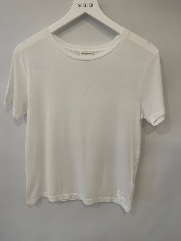 Saint Laurent White Cropped Short-Sleeve T-Shirt with Logo Detail Size S (UK 8)