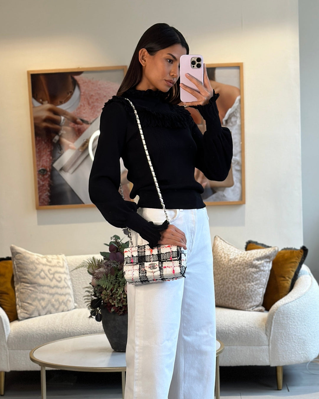 *HOT* Top Quality Chanel White Tweed Mini Rectangular Single Flap Bag with Black & White Details and Silver Hardware