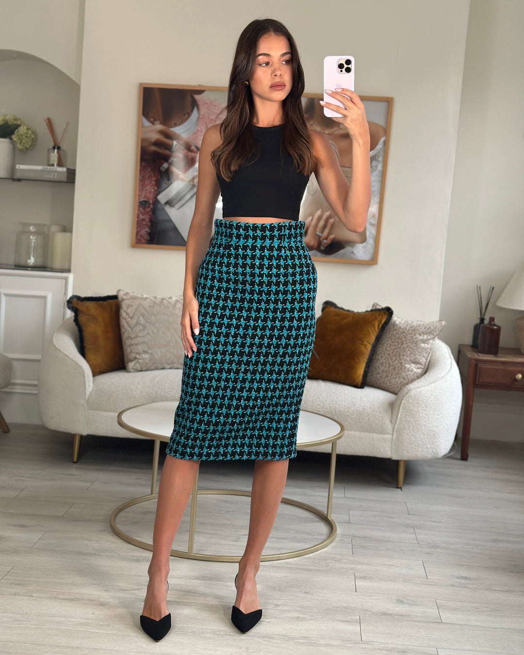 Top Quality Chanel 07/A Turquoise Houndstooth Pencil Skirt Size FR 36 (UK 8)