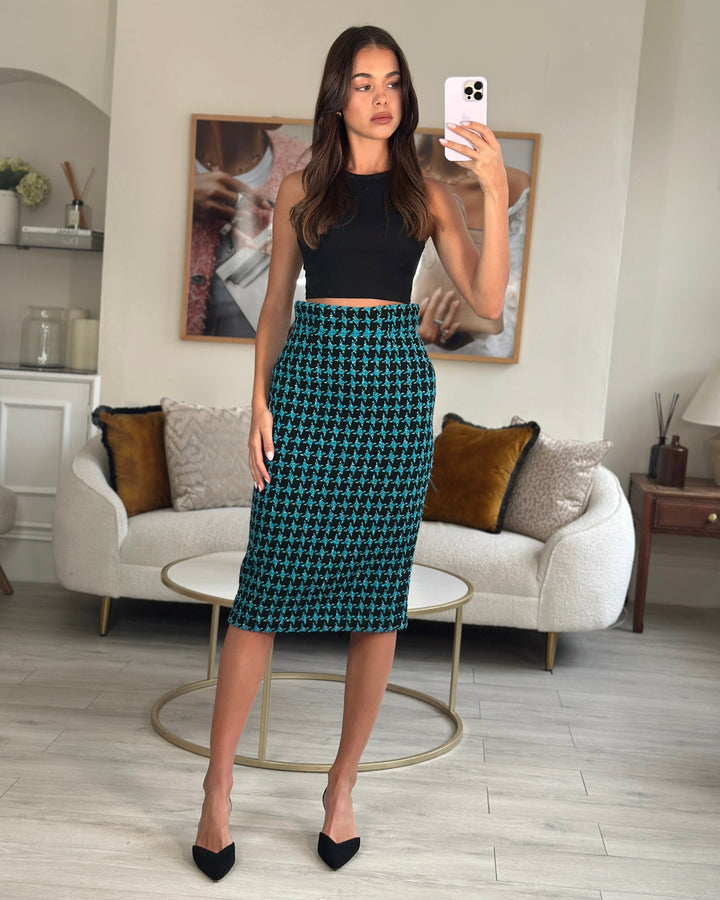 Top Quality Chanel 07/A Turquoise Houndstooth Pencil Skirt Size FR 36 (UK 8)