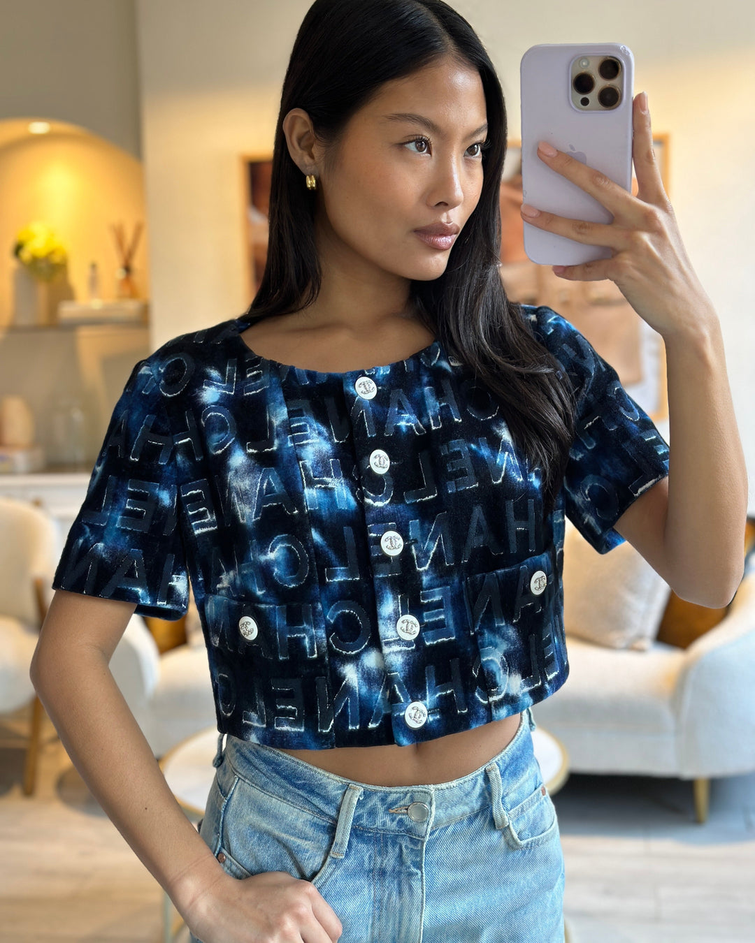 *HOT* Top Quality Chanel 21C Short Sleeve Jacket in Blue Logo Velvet with White Enamel & Crystal CC Button Detail Size FR 42 (UK 14)
