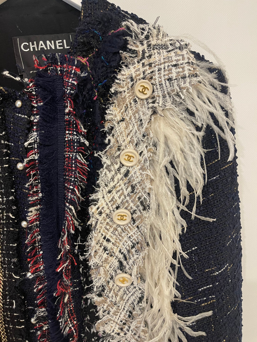 Top Quality Chanel x Tiger In The Rain 04/P Black, Navy and White Tweed Jacket with Gold CC Logo Buttons and Chain Detail Size FR 40 (UK 12)