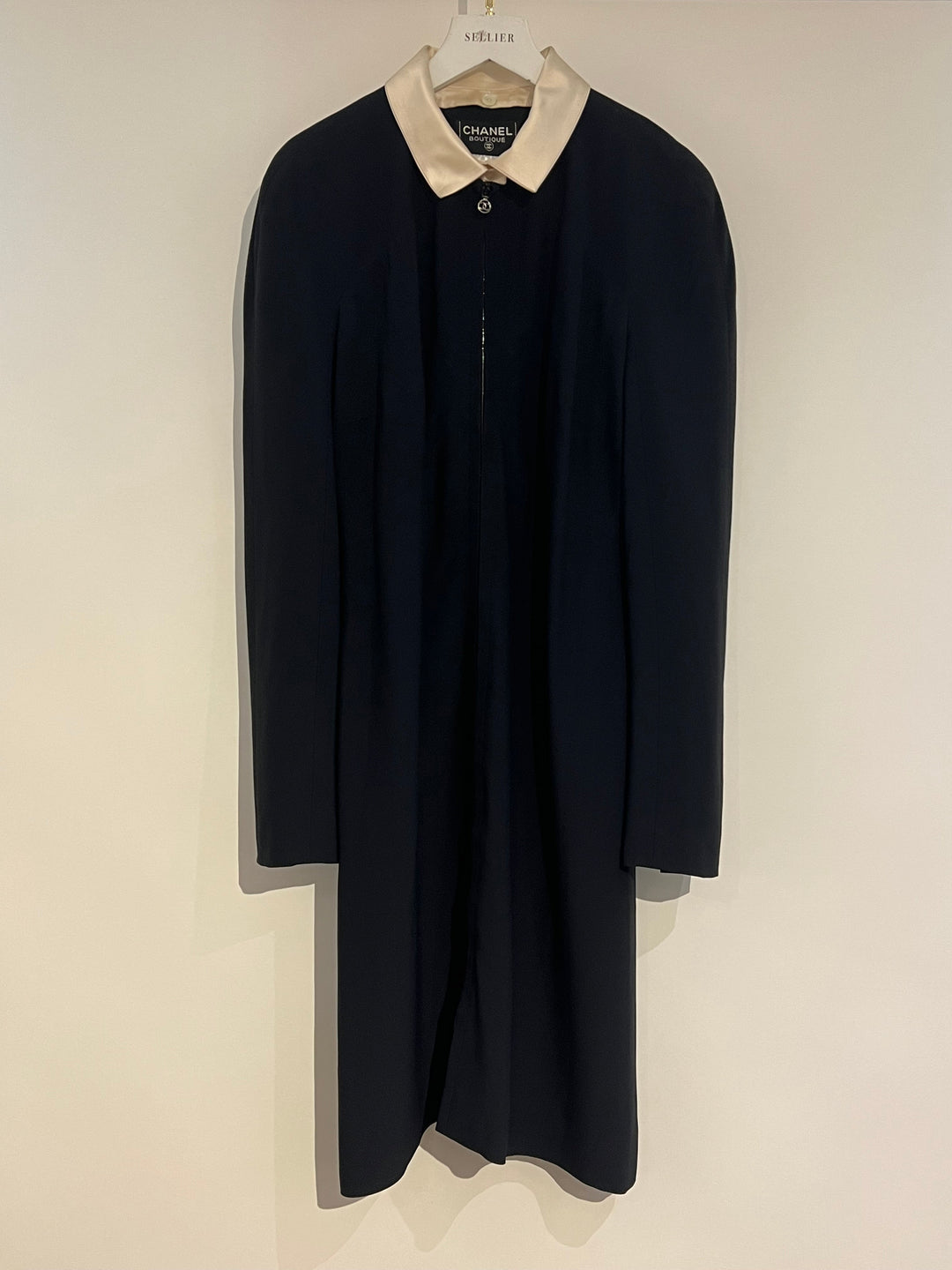 *VINTAGE* Top Quality Chanel 97/A Navy Long Sleeve Midi Dress with Detachable Collar Detail FR "Petit" (UK 12)