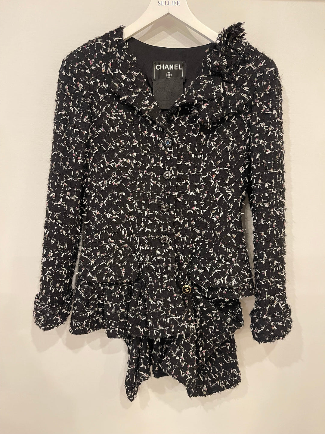 Top Quality Chanel Black Wool Multicolour Threads Ruffle Asymmetric Jacket with CC Logo Button Details Size FR 36 (UK 8)