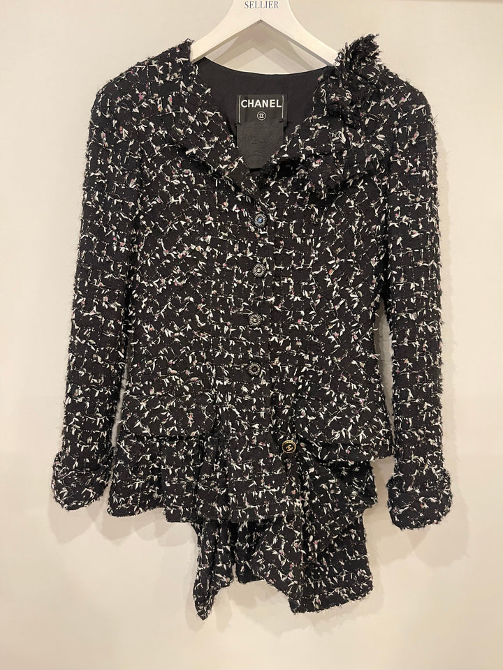 Top Quality Chanel Black Wool Multicolour Threads Ruffle Asymmetric Jacket with CC Logo Button Details Size FR 36 (UK 8)