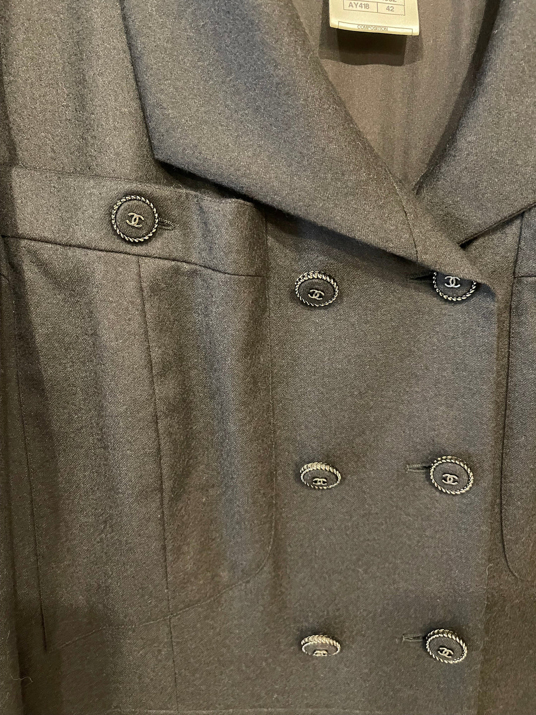 Top Quality Chanel Charcoal Wool Trench Coat with CC Logo Buttons Detailing Size FR 42 (UK 14)