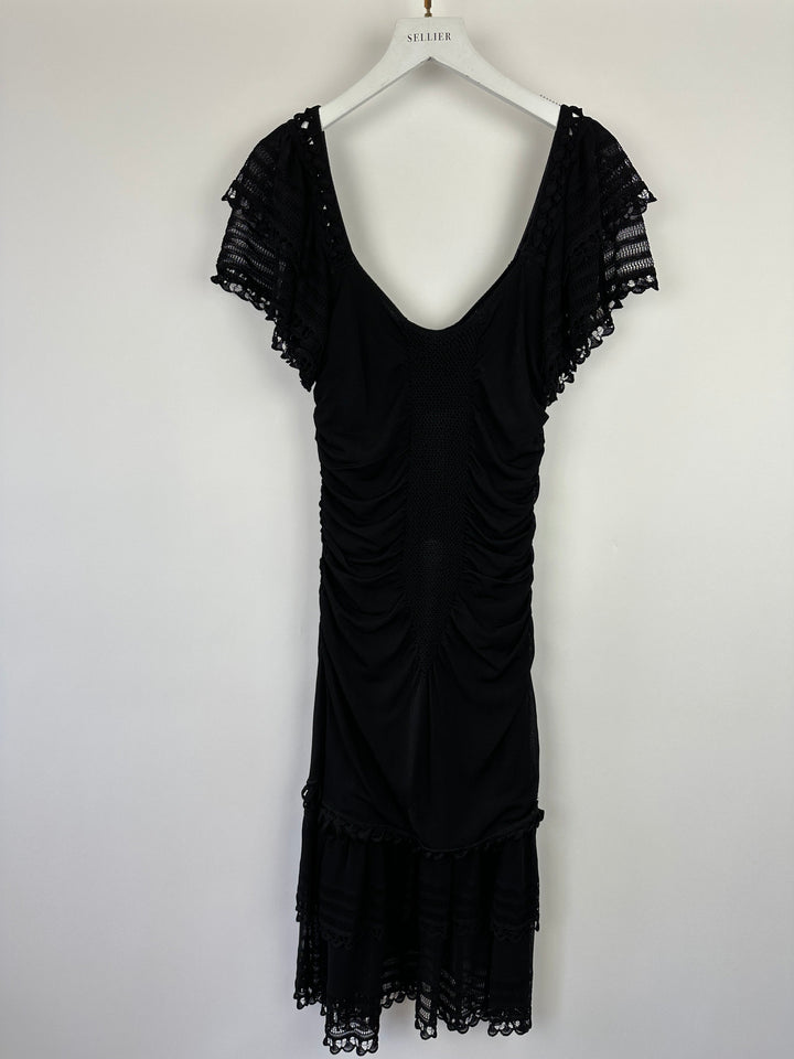Top Quality Chanel 07C Black Short Sleeve Midi Dress With Crochet and Ruching Detail FR 36 (UK 8)