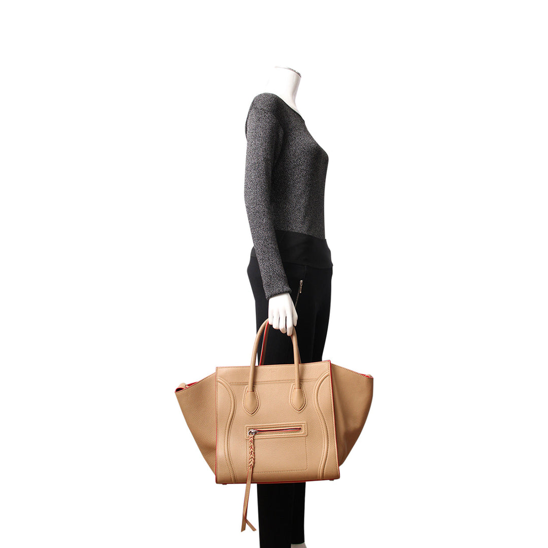 Celine Leather Medium Phantom Luggage Tote Beige/Red