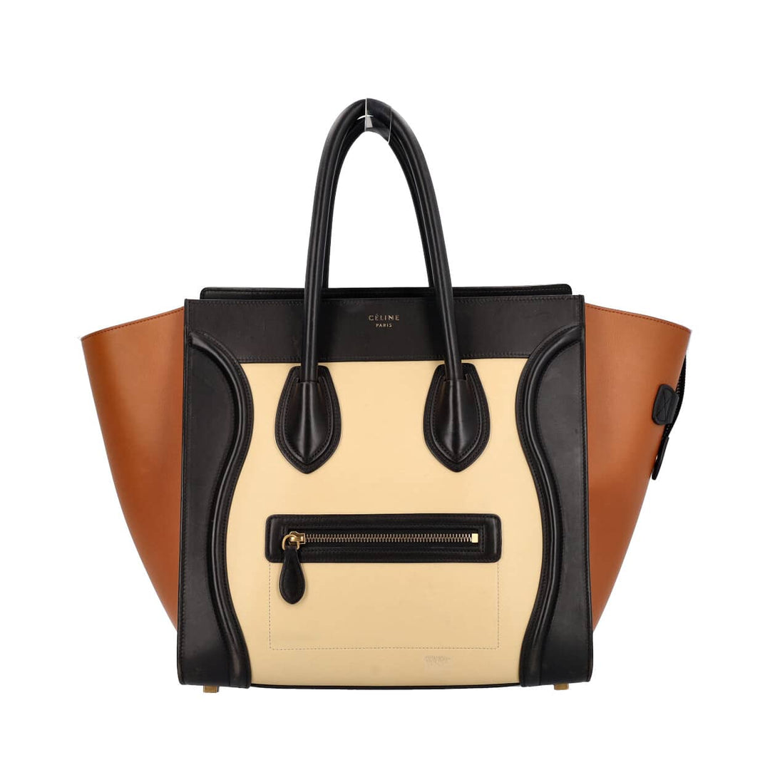 Celine Leather Mini Luggage Tote Black/Cream/Brown