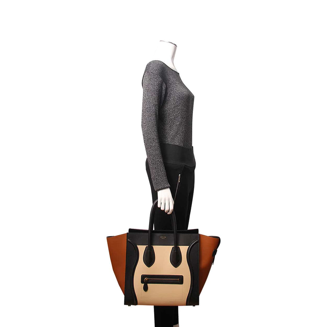Celine Leather Mini Luggage Tote Black/Cream/Brown