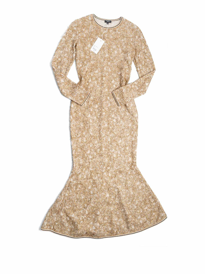 Top Quality Chanel 19A Runway CC Logo Lesage Knit Mermaid Long Dress Gold