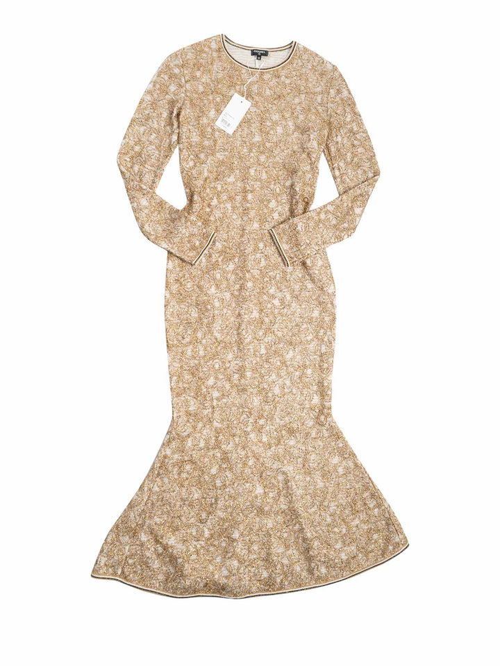 Top Quality Chanel 19A Runway CC Logo Lesage Knit Mermaid Long Dress Gold