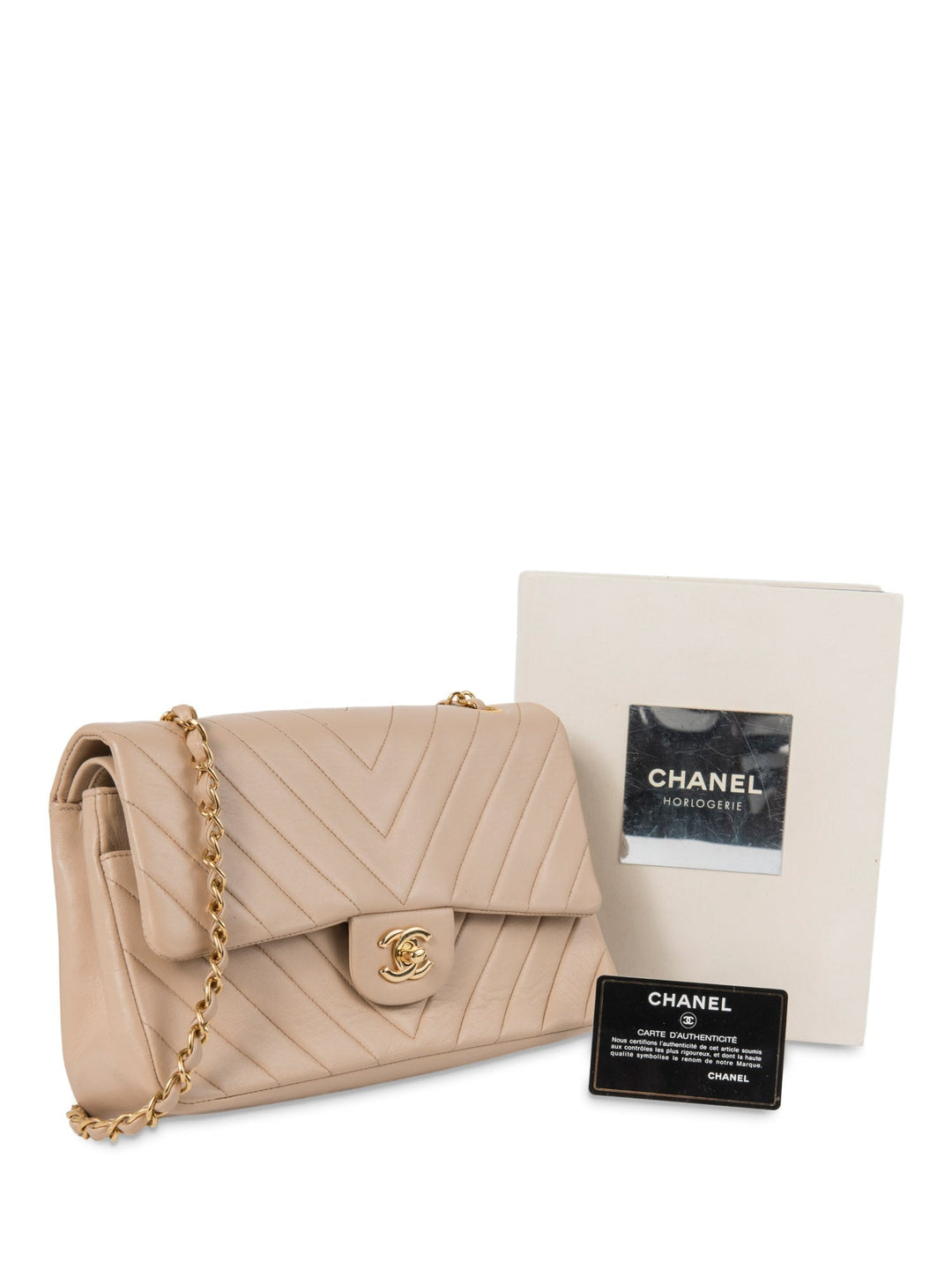 Top Quality Chanel 2.55 Chevron Quilted 24K Gold Plated Medium Double Flap Bag Beige