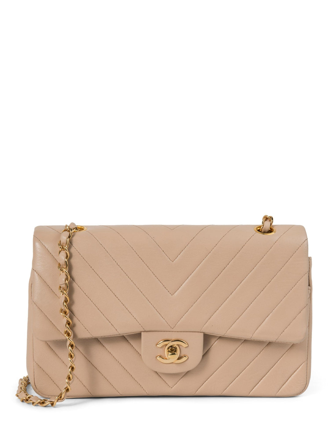 Top Quality Chanel 2.55 Chevron Quilted 24K Gold Plated Medium Double Flap Bag Beige