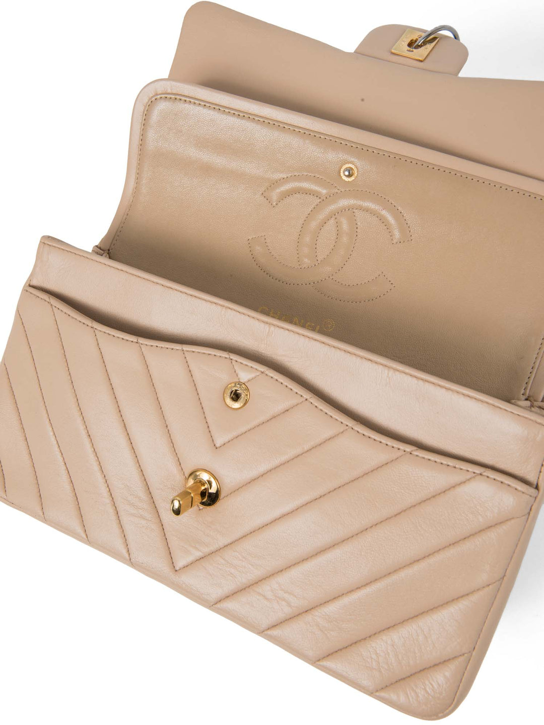 Top Quality Chanel 2.55 Chevron Quilted 24K Gold Plated Medium Double Flap Bag Beige