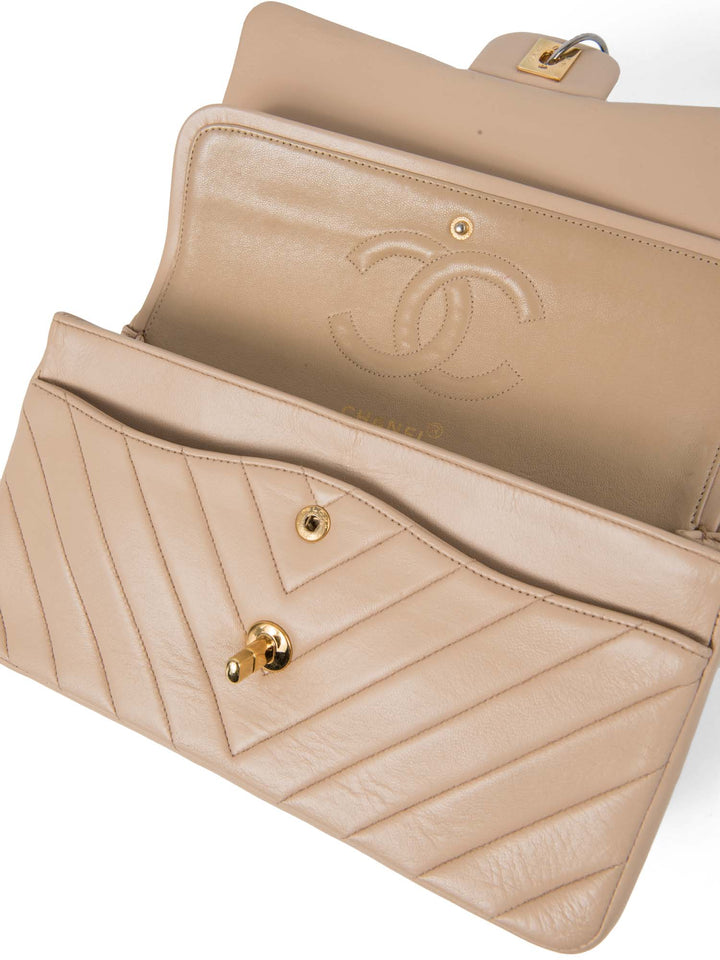 Top Quality Chanel 2.55 Chevron Quilted 24K Gold Plated Medium Double Flap Bag Beige