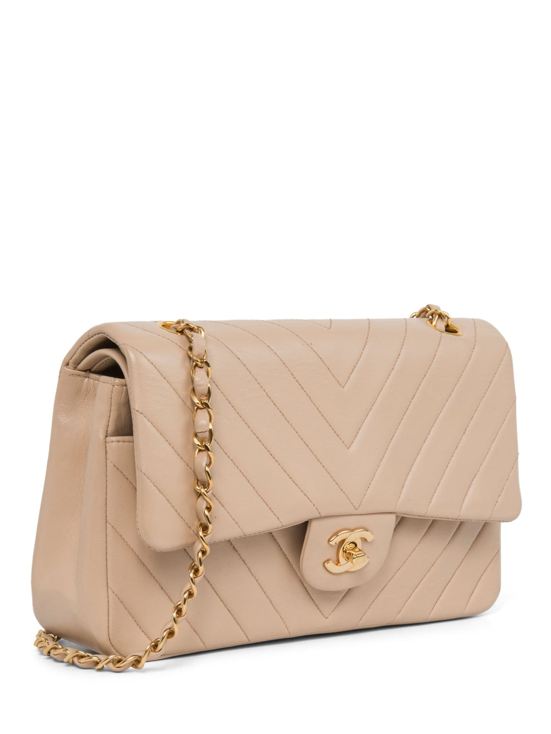 Top Quality Chanel 2.55 Chevron Quilted 24K Gold Plated Medium Double Flap Bag Beige
