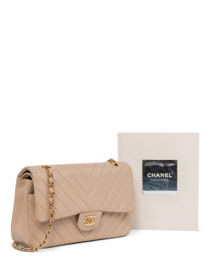 Top Quality Chanel 2.55 Chevron Quilted 24K Gold Plated Medium Double Flap Bag Beige