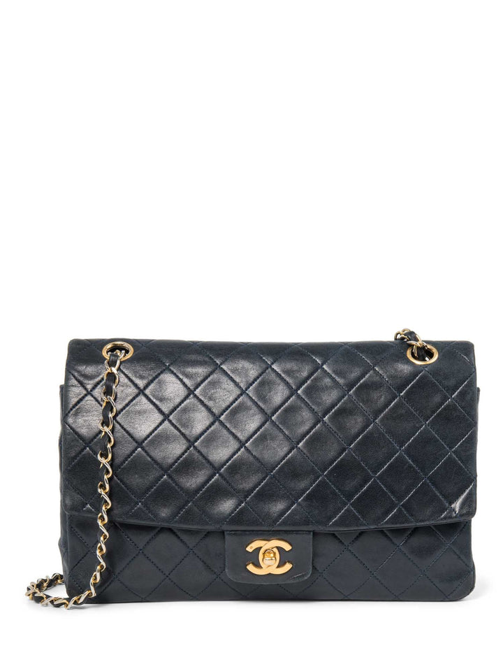Top Quality Chanel 2.55 Quilted 24K Gold Plated Medium Flap Bag Navy Blue