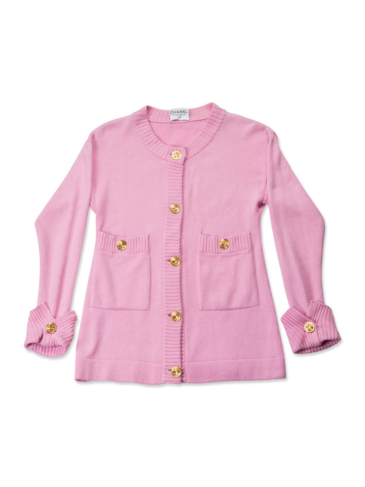 Top Quality Chanel 90s Cashmere Gold Clover Buttons Cardigan Pink