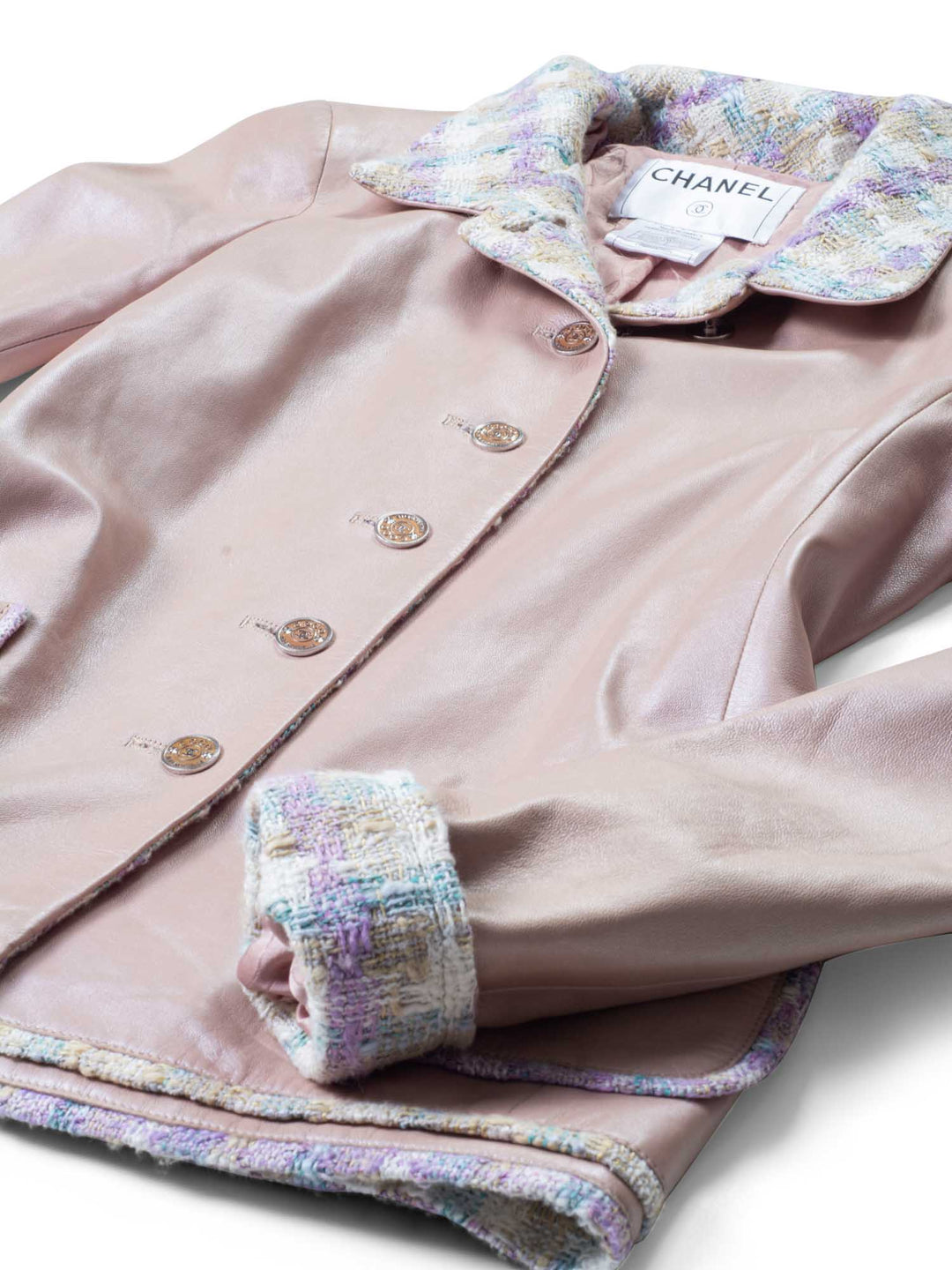 Top Quality Chanel CC Leather Tweed Fringe Jacket Pink