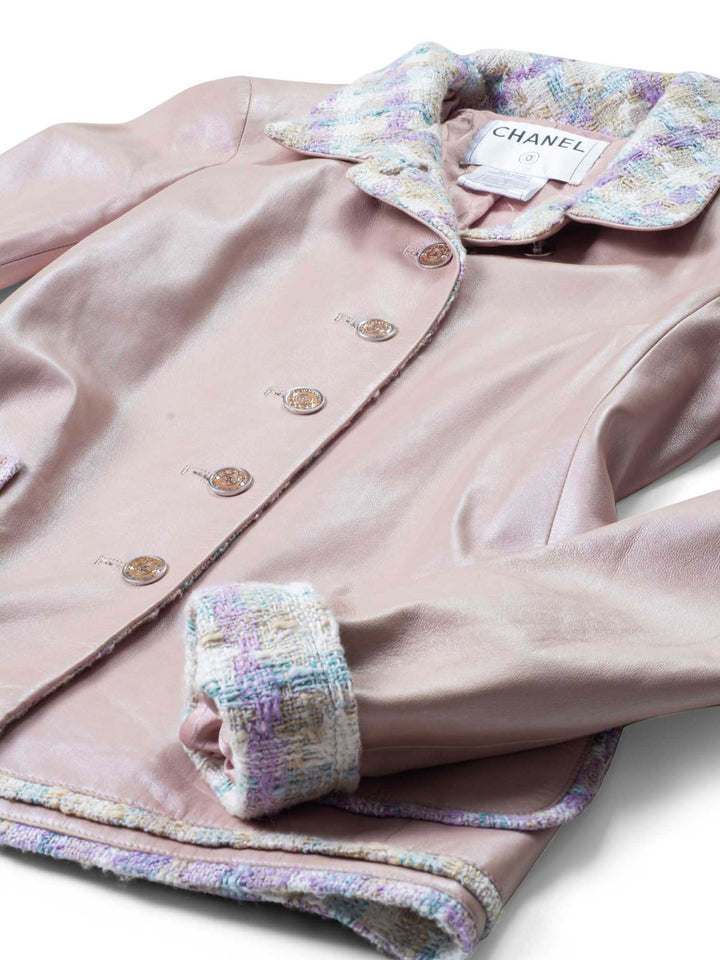 Top Quality Chanel CC Leather Tweed Fringe Jacket Pink