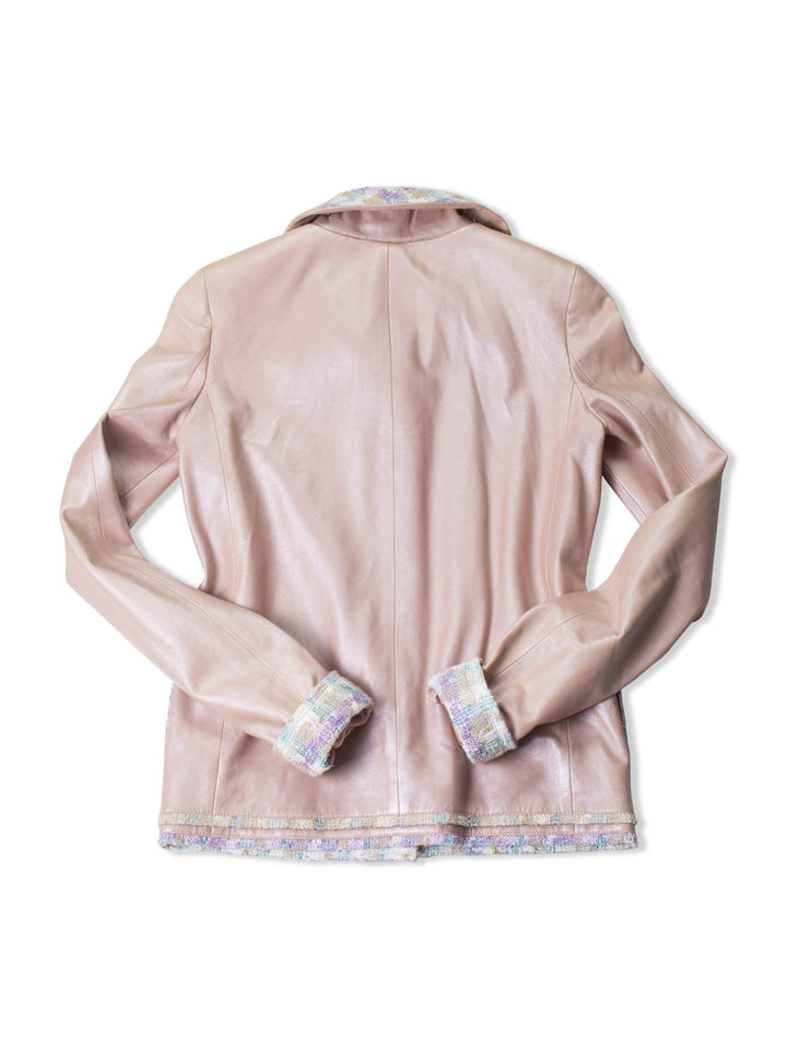 Top Quality Chanel CC Leather Tweed Fringe Jacket Pink