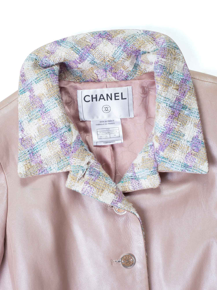 Top Quality Chanel CC Leather Tweed Fringe Jacket Pink