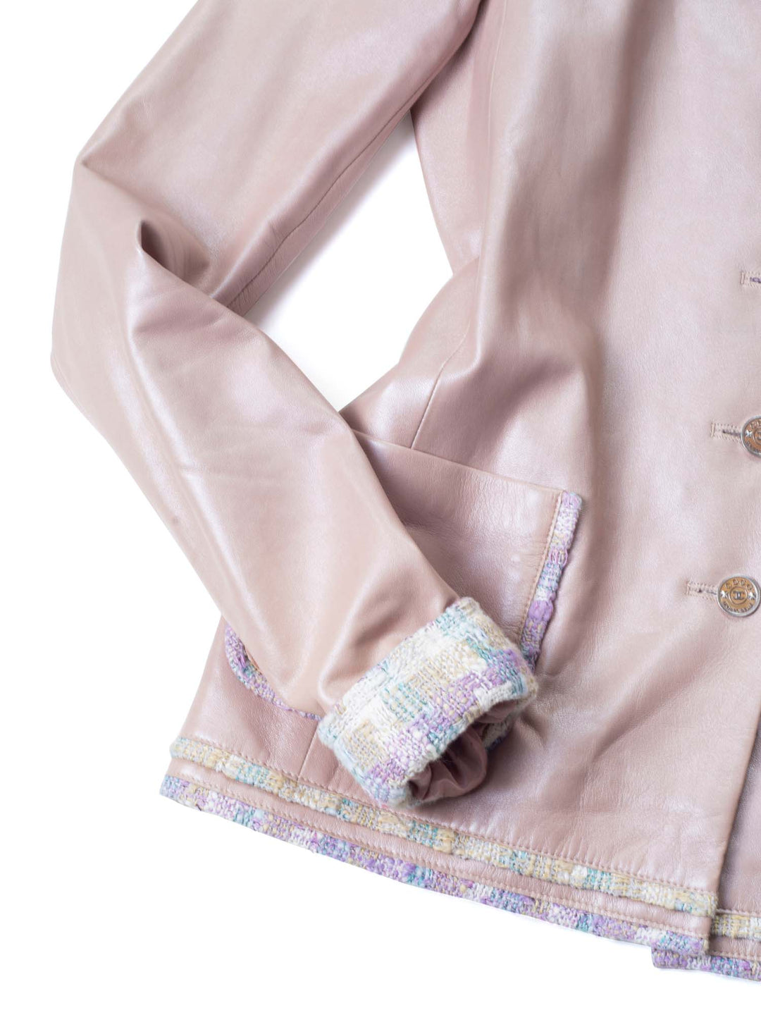 Top Quality Chanel CC Leather Tweed Fringe Jacket Pink