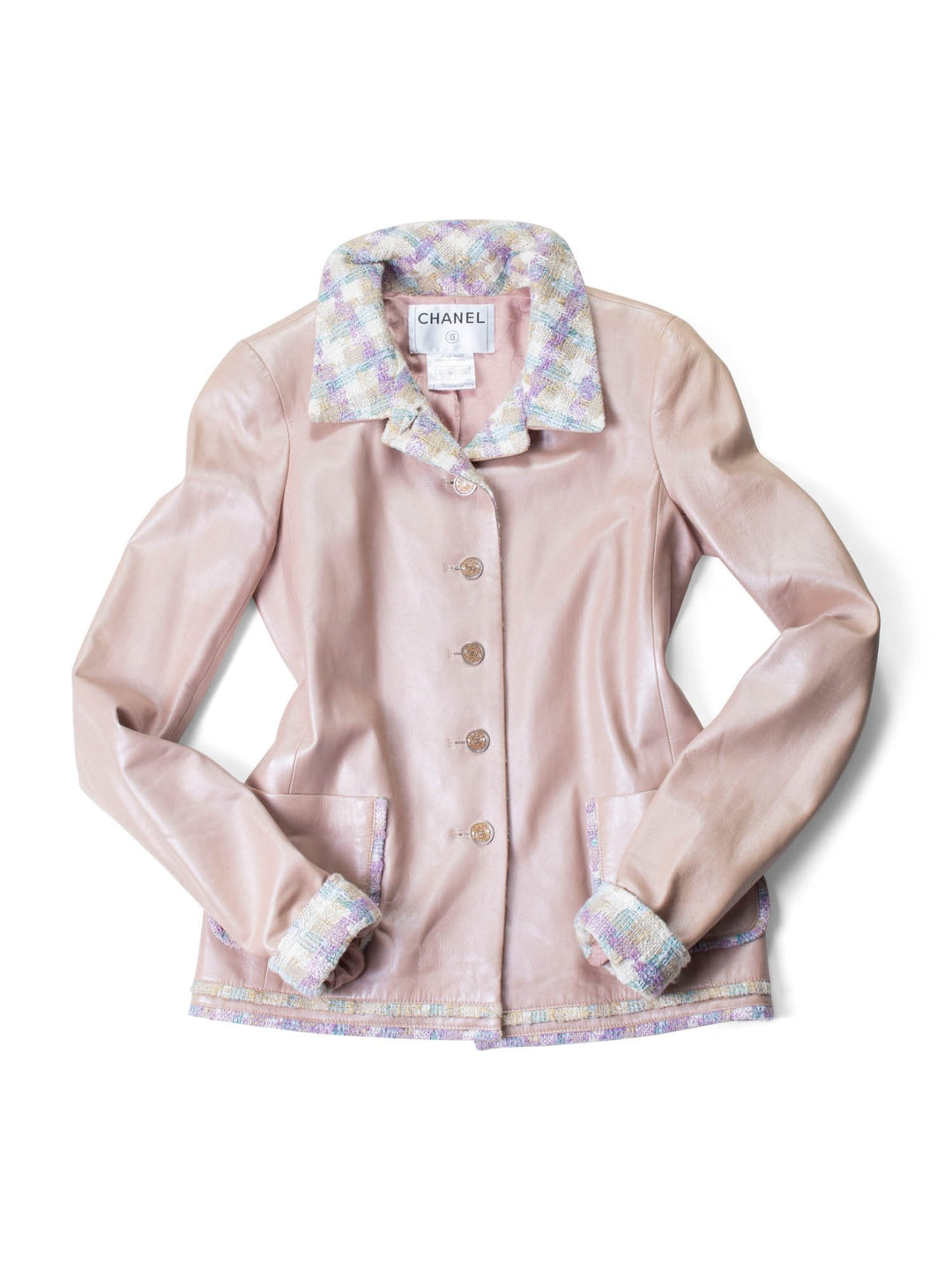 Top Quality Chanel CC Leather Tweed Fringe Jacket Pink