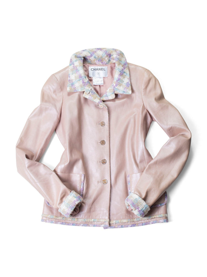 Top Quality Chanel CC Leather Tweed Fringe Jacket Pink