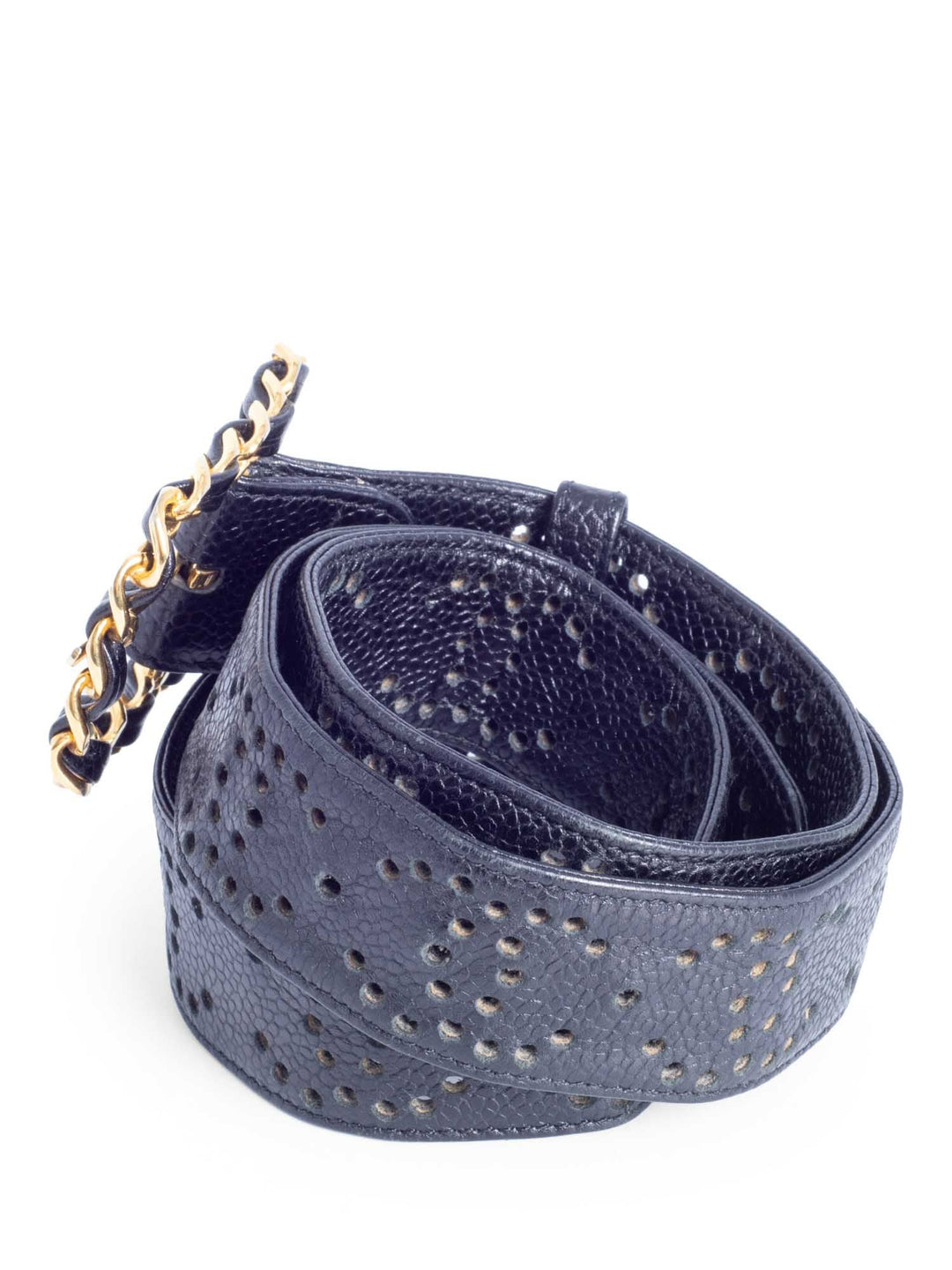 Top Quality Chanel CC Logo 24K Gold Plated Chain Caviar Perforated Leather Belt Black