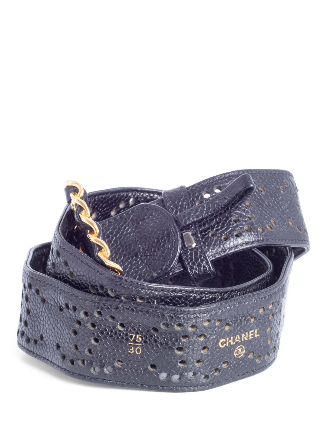 Top Quality Chanel CC Logo 24K Gold Plated Chain Caviar Perforated Leather Belt Black